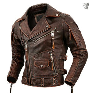 Men’s Distressed Brown Leather Motorcycle Jacket | Vintage Biker Jacket with Multiple Zippers & Pockets | Handmade Cowhide Café Racer Jacket