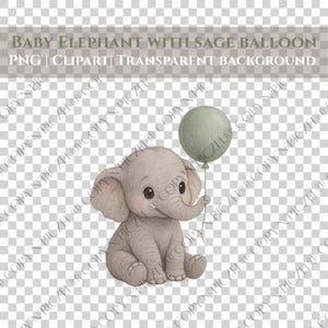Adorable Baby Elephant Holding Balloon PNG | Grey Nursery Animal Clipart | Baby Shower Download