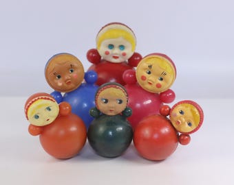 6 Vintage Soviet Mini Roly Poly Dolls Nevalyashka Tumbler Collection 1960s 1970s