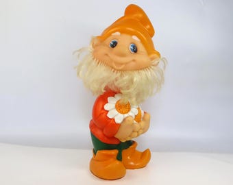 Vintage Soviet Rubber Gnome Figurine 1970s USSR Dwarf Toy with Daisies