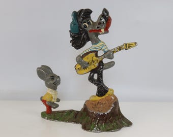 Rare Vintage Soviet Metal Figurine Nu Pogodi, Wolf with Guitar and Hare Metal Statue, USSR Cartoon Art Sculpture 1970s, Retro Shelf Decor