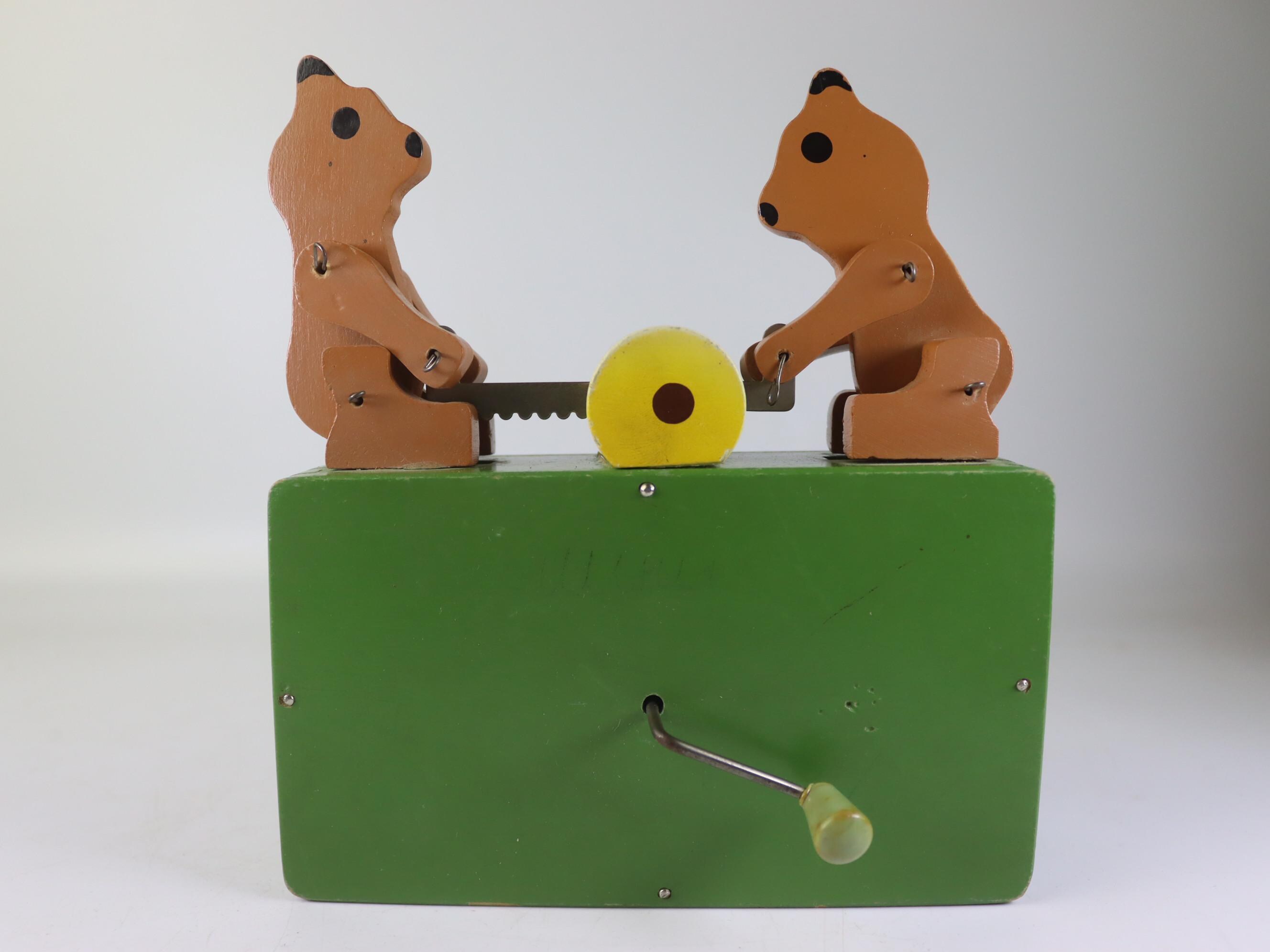 Vintage Wooden Mechanical Toy — Musical Crank Box With Bears