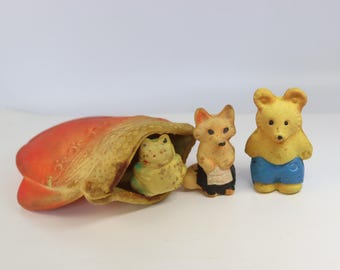 Very Rare Vintage 1970s Ukrainian Mitten Fairy Tale Toys Kyiv Rubber Factory USSR Soft Foam Rubber Flocking Collectible Set Bear Fox Frog