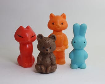 Vintage Plastic Animal Toys – 70s-80s Cat, Bear, Bunny, Fox Figurines – Retro Nursery Decor