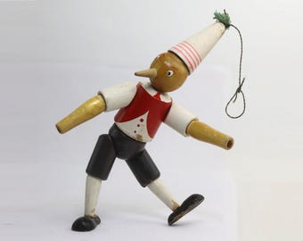 Very Old Vintage Wooden Buratino on Rubber Bands Pinocchio Toy Made in USSR toy
