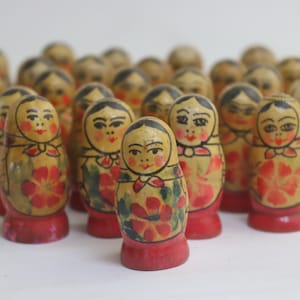 Set of 30 Miniature Wooden Matryoshka Figurines, USSR 1970s–80s, Hand-Painted Russian Nesting Doll Style, 4 cm