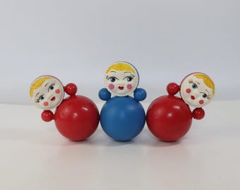 3 Vintage Soviet Mini Roly Poly Dolls Nevalyashka Blue & Red Plastic Toys 1980s 8.5 cm