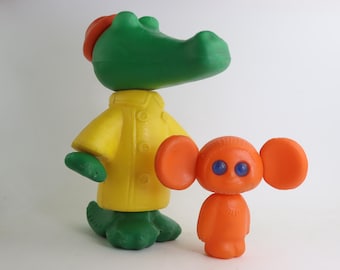 Funny Vintage Plastic Cheburashka and Crocodile Gena Toys Made in USSR