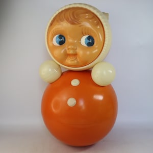 Vintage USSR Roly Poly Toy – 1960s Celluloid Jingle Doll – Soviet Wobble Toy