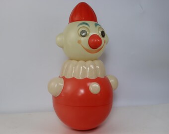 Vintage USSR Roly Poly Clown Toy – 1960s Celluloid Jingle Doll – Soviet Wobble Toy