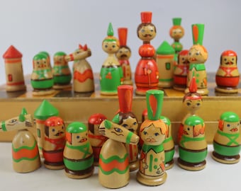 Vintage Soviet Matryoshka Chess Set Hand Painted Wooden Folk Art Chess Board USSR 1980s Retro Nesting Doll Style Board Game Collectible
