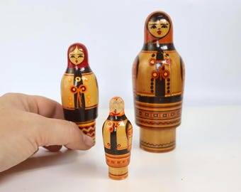 Rare Vintage Hutsul Wooden Nesting Dolls Ukrainian Carpathian Folk Matryoshka USSR Set 14 cm