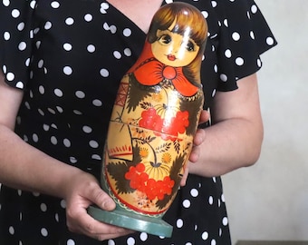 35 cm Large Vintage Soviet Wooden Matryoshka Bottle Holder Case Nesting Doll USSR