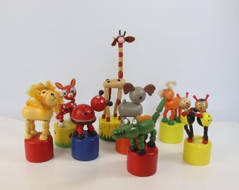 Vintage Soviet Push Down Wooden Toy Dancing Animal Figure Collapsible USSR 1980-1990s