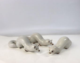 3 Vintage Ukrainian Porcelain Weasel Figurines Polonne ZHK Soviet Stoat Ferret Set. Weasels with small chip on ear