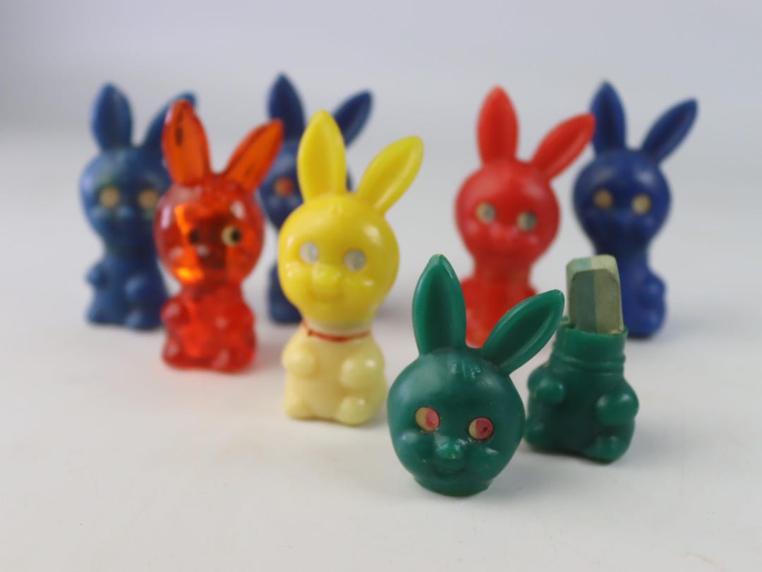 Vintage Soviet Plastic Bunny Eraser Holders — Set of 7 Rare Mini Rabbit ...