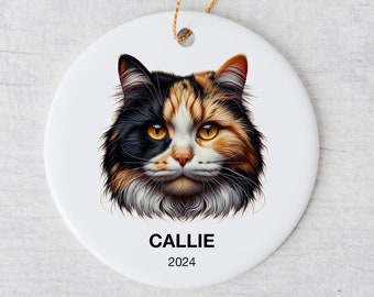 Personalize Calico Cat Christmas Ornament Custom Name and Date, Calico Cat Memorial Keepsake, High Quality White Ceramic, Gift for Owner