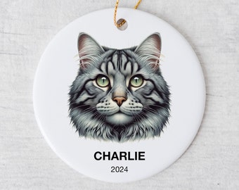 Personalize Grey Tabby Cat Christmas Ornament with Custom Name and Date, Grey Tabby Cat Memorial Keepsake Gift, High Quality White Ceramic,