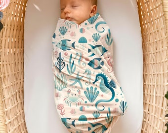 Under the Sea Swaddle Baby Blanket for Boy or Girl, Ocean Themed Nursery Accessory, New Mom Gift, Beachy Receiving Blanket for Newborn