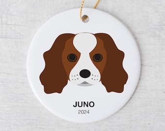 Cavalier King Charles Christmas Ornament with Personalize Name and Date, Holiday Gift, Photorealistic or Graphic Illustration, White Ceramic