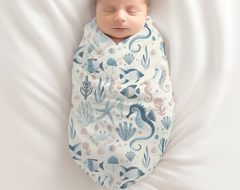 Ocean Animals Baby Swaddle Blanket, Perfect for Newborns, Gender Neutral Design, Baby Shower Gift, Coming Home Accessory, Nursing Cover