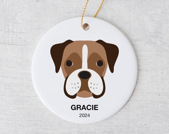 Boxer Christmas Ornament Personalize with Custom Name and Date, Choice of Photo or Graphic Illustration, White Ceramic, Gift for Owner