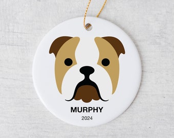 English Bulldog Christmas Ornament with Personalize Name and Date, Choice of Photo or Graphic Illustration, White Ceramic, Holiday Gift