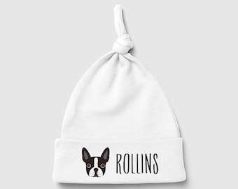 Personalized Boston Terrier Knot Baby Beanie Cap for Baby Boy or Baby Girl, Coming Home Hat, Baby Shower Gift, Gender Neutral