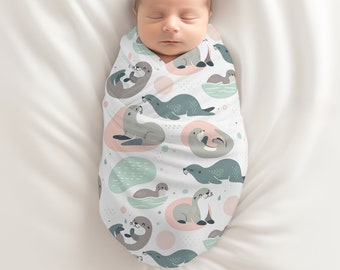 Otter Baby Swaddle Blanket for Newborns, Gender Neutral Design, Gift for Baby Shower, Coming Home Accessory, Baby Bedding and Nursing Cover