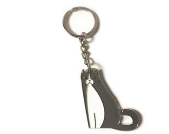 Cat Keychain, Grey and White Enamel with 1" Silver Split Ring, Car or Home, Cat Lover Gift, Unisex