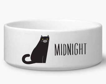 Personalize Black Cat Bowl for Food or Water With Custom Printed Name, Microwave and Dishwasher Safe, High Quality White Ceramic