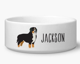 Bernese Mountain Dog Ceramic Food or Water Bowl Personalized with Custom Name, Microwave and Dishwasher Safe, Gift for Bernese Owners