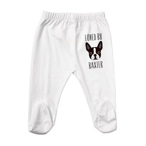 Personalized Boston Terrier Baby Clothes, Pants with Feet for Baby Boy or Baby Girl, Small, Medium, Large, Baby Shower Gift, Coming Home image 1