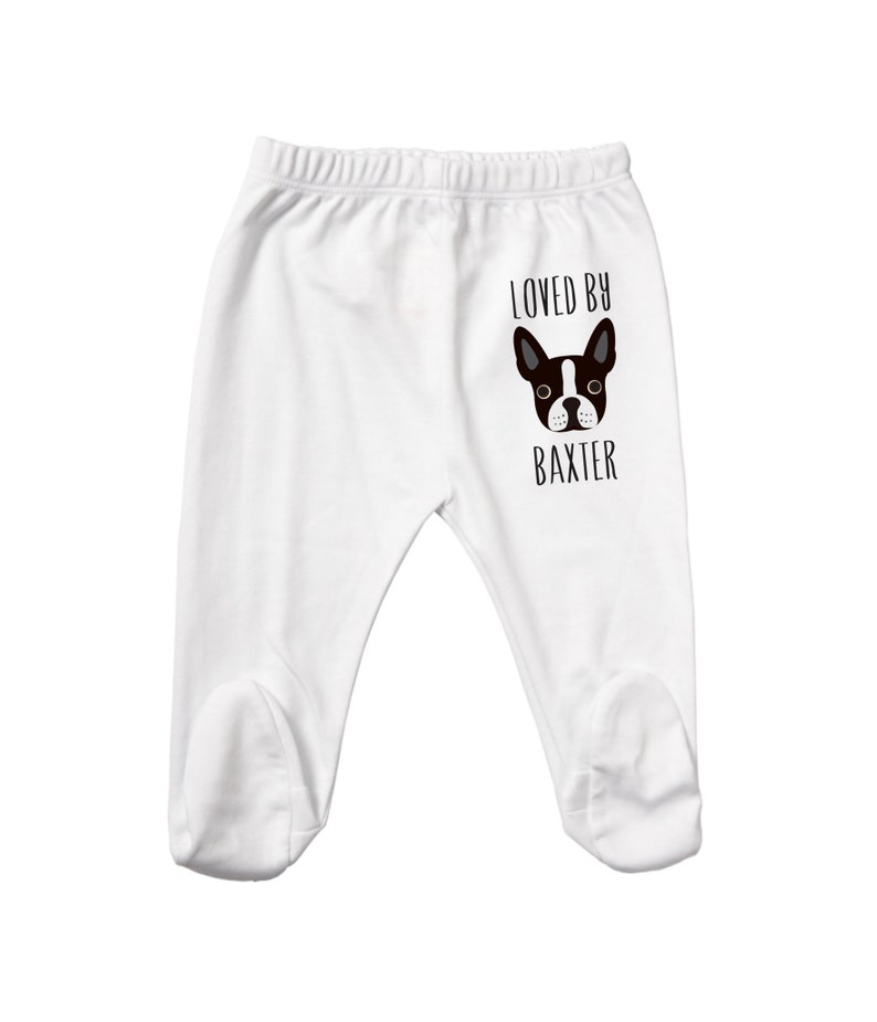 Personalized Boston Terrier Baby Clothes, Pants with Feet for Baby Boy or Baby Girl, Small, Medium, Large, Baby Shower Gift, Coming Home image 1