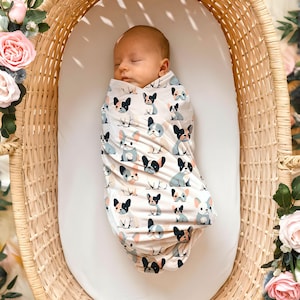 French Bulldog Baby Blanket for Boy or Girl, Soft Pastel Newborn Swaddle Wrap, New Mom Shower Gift, Dog Lover Nursery Accessory