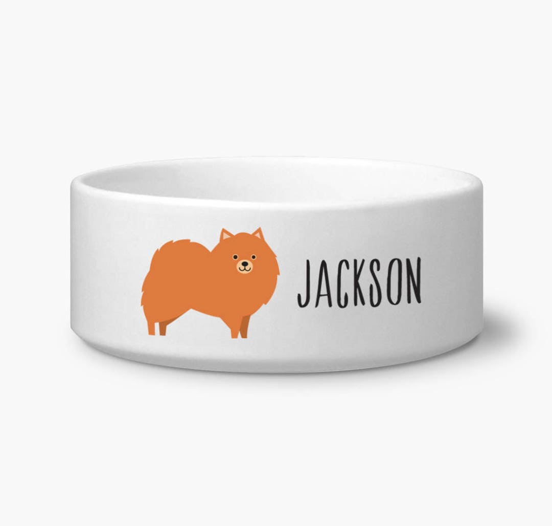 Pomeranian Personalized Dog Bowl With Printed Custom Name, Ceramic Bowl