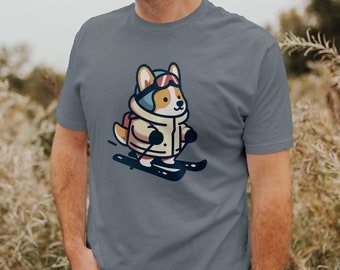 Dog T-Shirt for Men, Corgi Men's Dog tee, Gift for Skiing and Mountain Enthusiasts and Corgi Loving Men, Gift for Him, Father, Dad or Teen