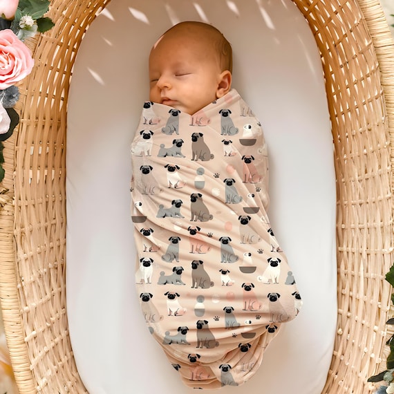 Pug Baby Swaddle Blanket for Boy or Girl, Soft Pastel Jersey Swaddle Wrap, Dog Lover Gift
