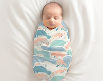 Manatee Baby Swaddle Blanket, Perfect for Newborns, Gender Neutral Design, Baby Shower Gift, Coming Home Accessory, Nursing Cover