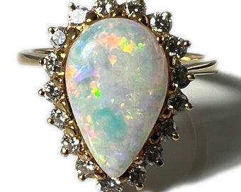 Vintage Opal Diamond Ring, 14K Yellow Gold, 17 Diamond Accent Ring, Size 7, Estate Fine Jewelry, October Birthstone, Ethiopian