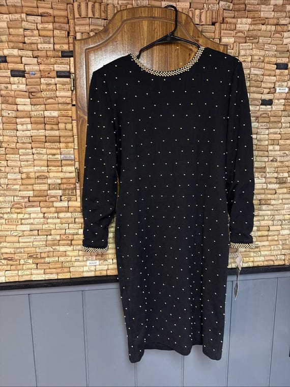 Vintage 80's NWT ET AL Black Gold Beaded Embellished V-Back Wool Mid Dress 12