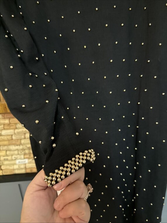 Vintage 80's NWT ET AL Black Gold Beaded Embellished V-Back Wool Mid Dress 12 View 3