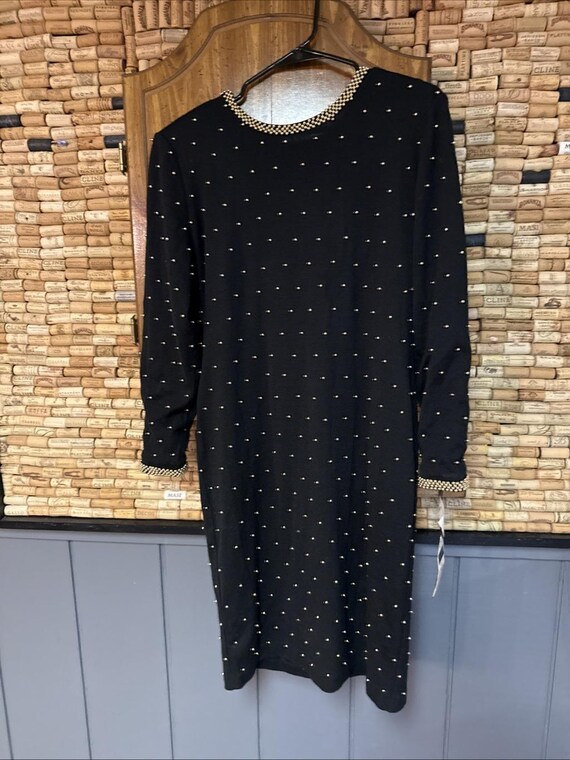 Vintage 80's NWT ET AL Black Gold Beaded Embellished V-Back Wool Mid Dress 12 View 2