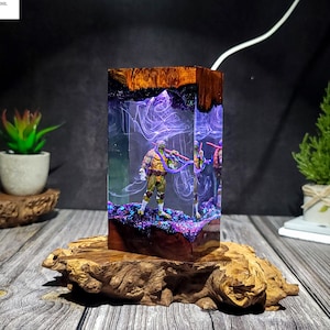 Handmade Resin Lamp with Wood Top | Ninja Miniature Figurine Encased in Clear Epoxy DO01