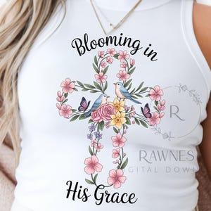 Blühen in seiner Gnade Boho Christian Wildflower Png, Trendiges christliches Shirt-Design, Blumenkreuz religiöse Sublimation, Frühlingsglaube Png