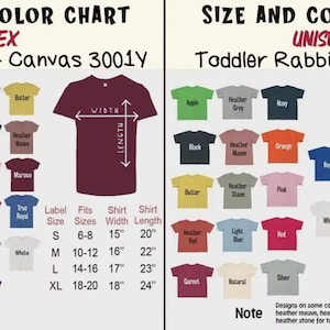 Peut inclure: Un tableau des tailles et des couleurs pour les t-shirts unisexes Bella + Canvas 3001Y et les t-shirts pour tout-petits Rabbit Skins 3321. Il pr&eacute;sente des &eacute;chantillons de couleurs, un sch&eacute;ma de t-shirt et des tableaux de mesures en pouces.