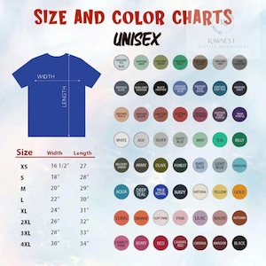 Peut inclure: Un tableau des tailles et des couleurs pour t-shirt unisexe avec le contour d'un t-shirt bleu indiquant la largeur et la longueur. Un tableau liste les tailles XS &agrave; 4XL avec des mesures en pouces. Une grille pr&eacute;sente des pastilles de couleurs.