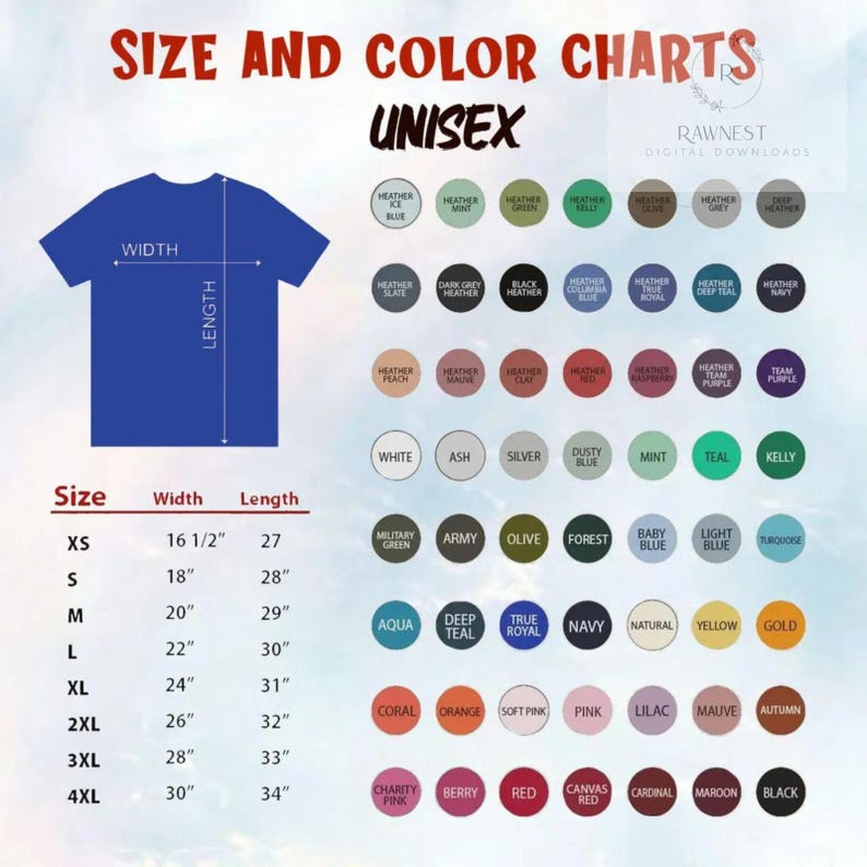 Peut inclure: Un tableau des tailles et des couleurs pour t-shirt unisexe avec le contour d'un t-shirt bleu indiquant la largeur et la longueur. Un tableau liste les tailles XS &agrave; 4XL avec des mesures en pouces. Une grille pr&eacute;sente des pastilles de couleurs.