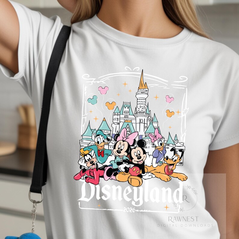 Peut inclure: Un t-shirt blanc avec une impression graphique repr&eacute;sentant un ch&acirc;teau et des personnages Disney dont Mickey, Minnie, Donald, Daisy, Dingo et Pluto. Le texte Disneyland et 2026 est imprim&eacute; sous les personnages en police de couleur blanche.