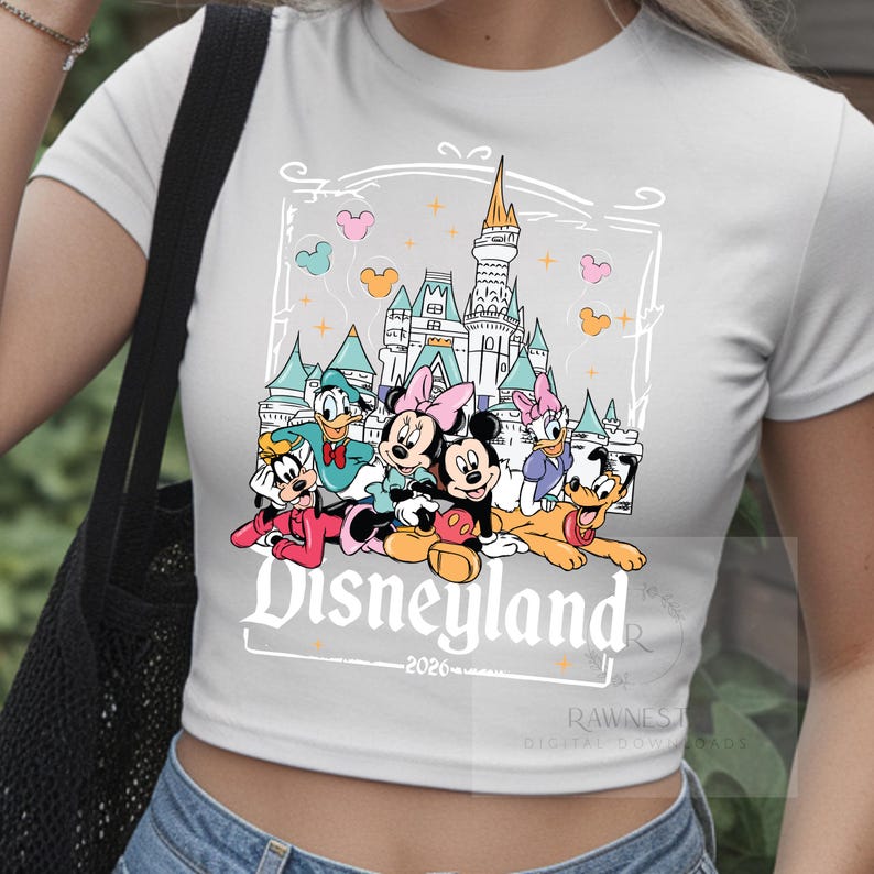 Peut inclure: Un t-shirt blanc &agrave; manches courtes avec une impression graphique de Mickey, Minnie, Donald, Daisy, Dingo et Pluto devant un ch&acirc;teau. Le texte Disneyland et 2026 est imprim&eacute; sous les personnages avec des ic&ocirc;nes de ballons color&eacute;s.